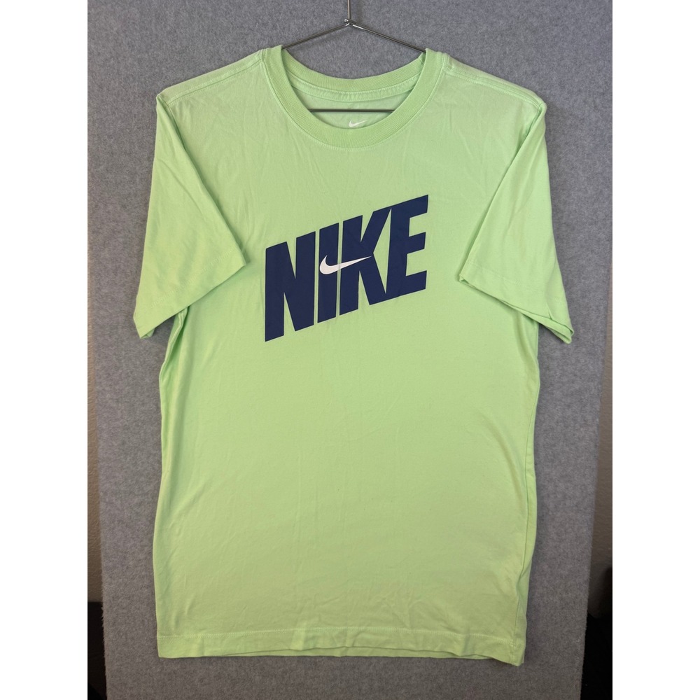 Nike Mens Graphic Tee Lime Green Navy Blue Logo Short Sleeve T-Shirt Size Medium